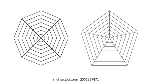 Octógono, radar pentágono, modelo de diagrama de aranha. Malha de aranha. Diagramas para estatística e analítica. Gráficos de polígono. Gráficos de radar em branco. Ferramenta de coaching, roda de equilíbrio de estilo de vida. Grade preta segmentada.