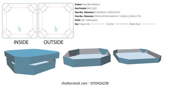 Octagon pizza box Medium from two parts packaging template self lock die cut-vector