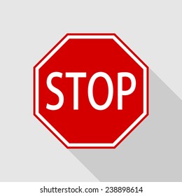 Octagon red stop road sign with long shadow effect in flat style. Regulatory traffic signs concept, web icon. Vector art image illustration, isolated on white background, eps10