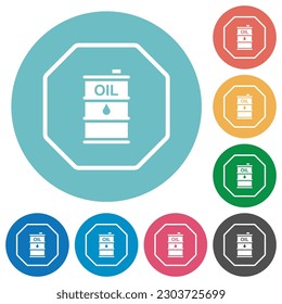 Octagon shaped crude oil sanction sign solid flat white icons on round color backgrounds