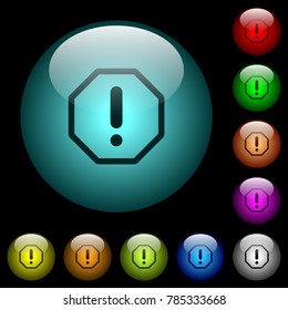Octagon shaped error sign icons in color illuminated spherical glass buttons on black background. Can be used to black or dark templates