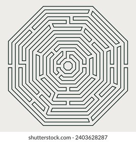 Octagon shaped labyrinth (maze) design. Vector graphic illustration of maze (labyrinth) game with complex exit.