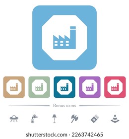 Octagon shaped power plant sanction sign solid white flat icons on color rounded square backgrounds. 6 bonus icons included