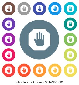 Octagon shaped stop sign flat white icons on round color backgrounds. 17 background color variations are included.