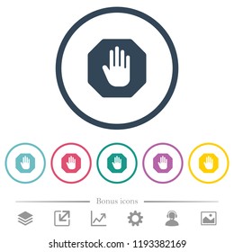 Octagon shaped stop sign flat color icons in round outlines. 6 bonus icons included.
