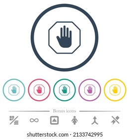 Octagon shaped stop sign outline flat color icons in round outlines. 6 bonus icons included.