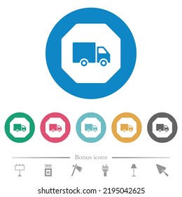 Octagon shaped transport sanction sign solid flat white icons on round color backgrounds. 6 bonus icons included.