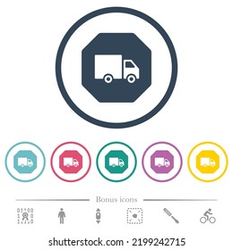 Octagon shaped transport sanction sign solid flat color icons in round outlines. 6 bonus icons included.