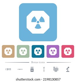 Octagon shaped uranium sanction sign solid white flat icons on color rounded square backgrounds. 6 bonus icons included