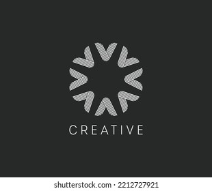 Octagon shaped v logo set idea template vector. Small case letter v white stripes modern circle icon.