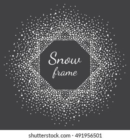 Octagon snow frame. Winter background made of spots, snowflakes, dots, specks, flecks of various size. New Year, Christmas black and white abstract template with empty space for your text.