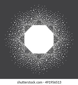 Octagon snow frame. Winter background made of spots, snowflakes, dots, specks, flecks of various size. New Year, Christmas black and white abstract template with empty space for your text.