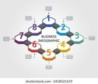 Octagon step chart template for infographic for presentation for 8 element timeline with number
