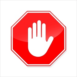 Octagon stop sign with hand symbol vector. Red stop sign with a white hand in the center, indicating to stop or yield.