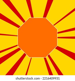 Octagon Symbol On A Background Of Red Flash Explosion Radial Lines. The Large Orange Symbol Is Located In The Center Of The Sun, Symbolizing The Sunrise. Vector Illustration On Yellow Background