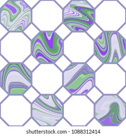 Octagon vector marbled seamless pattern in lavender colors. Repeating green and violet texture for tile and mosaic design, floor and wall decor, wrapping, textile, fabric, interior, pillow design.