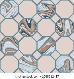 Octagon vector marbled seamless pattern. Repeating beige, brown and blue texture for tile and mosaic design, floor and wall decor, wrapping, textile, fabric, interior, pillow design.