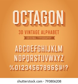 'Octagon' Vintage Retro 3D Sport Alphabet. Original Athletic Department Typeface. Retro Typography. Vector Illustration.