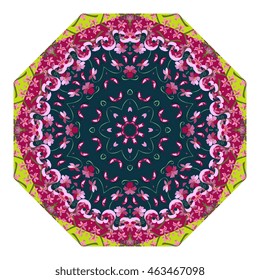 Octagon with violets. Vector template for an umbrella in a vintage style.