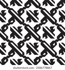 Octagonal black crossed lines grid vector seamless square geometric pattern or texture.