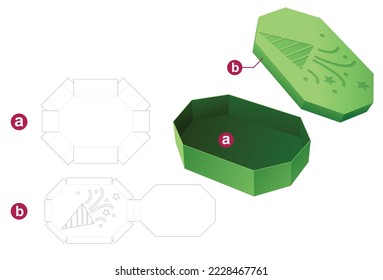 Octagonal box with stenciled confetti lid die cut template and 3D mockup