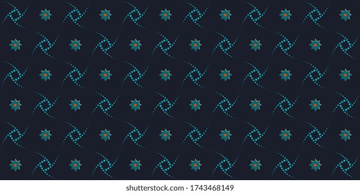 Octagonal flowers stars pattern stylized Christmas festive firework motif. Seamless houndstooth dot line all over ornament for patchwork fabric, apparel textile, wrapping cloth, gift packaging, banner
