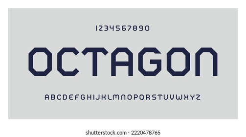 Octagonal typography. Geometric font, set of numbers and letters. Creative alphabet. Vector illustration. Capital lettering font family. For technology, gaming, sport and architecture subjects.