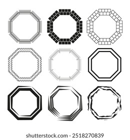 Octagonal frame designs. Geometric pattern set. Abstract decorative shapes. Vector outline elements.