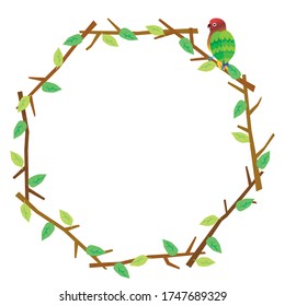 An octagonal frame and ornament composed of tree branches and leaves. A cute bird has stopped. Image illustration of nature. Applications such as title back.