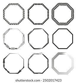 Achteckige Rahmen. Neun verschiedene Achteckgrenzen. Schwarzweiße Vektorgrafiken. Einfache geometrische Konstruktionen.