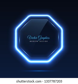 Octagonal glass banner. Transparent billboard with neon lights. Vector illustration.