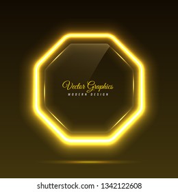 Octagonal glass banner. Transparent billboard with neon lights. Vector illustration.