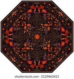 Octagonal lid for jewelry box, candy box with fabulous peacocks, flowers. leaves, berries, swirl pattern and decorative frame isolated on black background in vector. Beautiful vintage style print.
