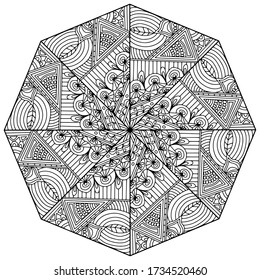 octagonal mandala drawn with abstract linear figures for coloring, on a white background, vector for coloring