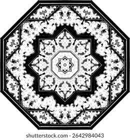 Mandala octogonal com detalhes florais e simetria geométrica