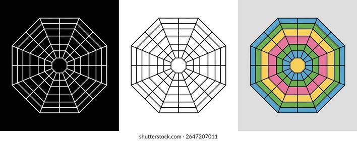Octagonal mandala with layered segments and vibrant geometric accents for bold decor.