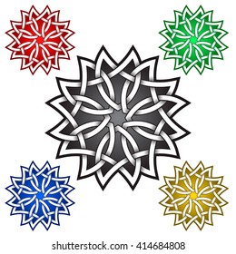 Octagonal mandala logo symbol in Celtic style. Tribal tattoo symbol. Silver stamp for jewelry design and samples of red, green, blue and golden colors.