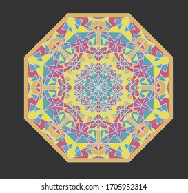 Octagonal mosaic geometric patterns, kaleidoscope fragments, ornament in soft pastel colors on dark gray background, vector graphics