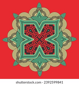 Octagonal ornamented star in Slavic style. Vintage palette, red background. Vector illustration