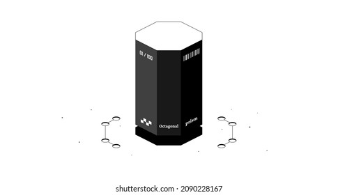 Octagonal prism mathematical figure. Black and white isometric 3d illustration isolated on white background.