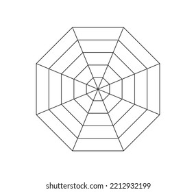 Octagonal radar or spider diagram template. Octagon graph. Flat spider mesh. Blank eight sided radar chart. Kiviat diagram for statistic and analitic. Vector illustration isolated on white background.