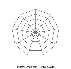 Octagonal radar or spider diagram template. Octagon graph. Flat spider mesh. Blank nine sided radar chart. Kiviat diagram for statistic and analitic. Vector illustration isolated on white background.