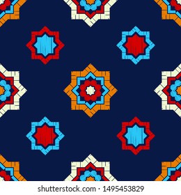 Octagonal star. Ethnic boho seamless pattern. Embroidery on fabric. Patchwork texture. Weaving. Traditional ornament. Tribal pattern. Folk motif. Can be used for wallpaper, textile, wrapping, web.