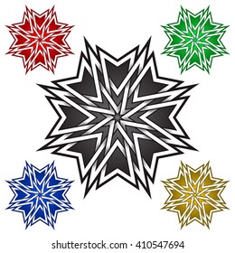 Octagonal star logo symbol in Celtic style. Tribal tattoo symbol. Silver stamp for jewelry design and samples of red, green, blue and golden colors.