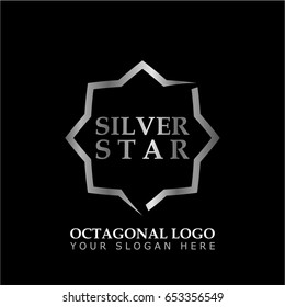Octagonal Star With Silver Style On Black Background