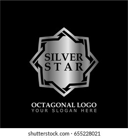 Octagonal Star With Silver Style On Black Background