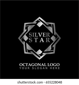 Octagonal Star With Silver Style On Black Background