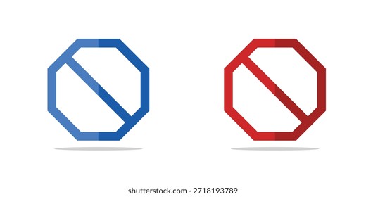 Vetor de sinais de aviso de parada octogonal e entrada restrita definido em azul e vermelho com design minimalista plano para regulamentos de segurança e controle de tráfego.