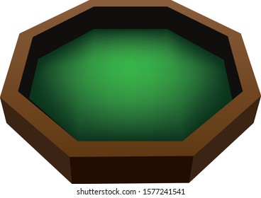 An octagonal wooden tray for playing dice with a green finish.