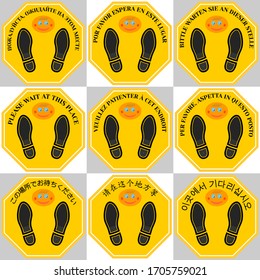 Octagonal yellow sticker, sign with the inscription Please wait at this place. In Russian, Spanish, German, French, Italian, Japanese, Chinese and Korean. Oval emoticon